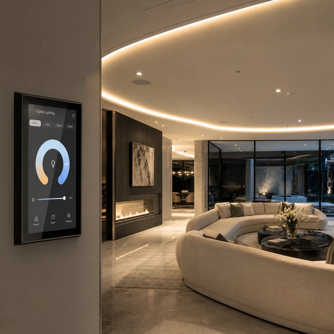 Luxury residential ceiling cove lighting featuring neon led flex with zigbee smart home integration Luxury residential ceiling cove lighting featuring neon led flex with zigbee smart home integration