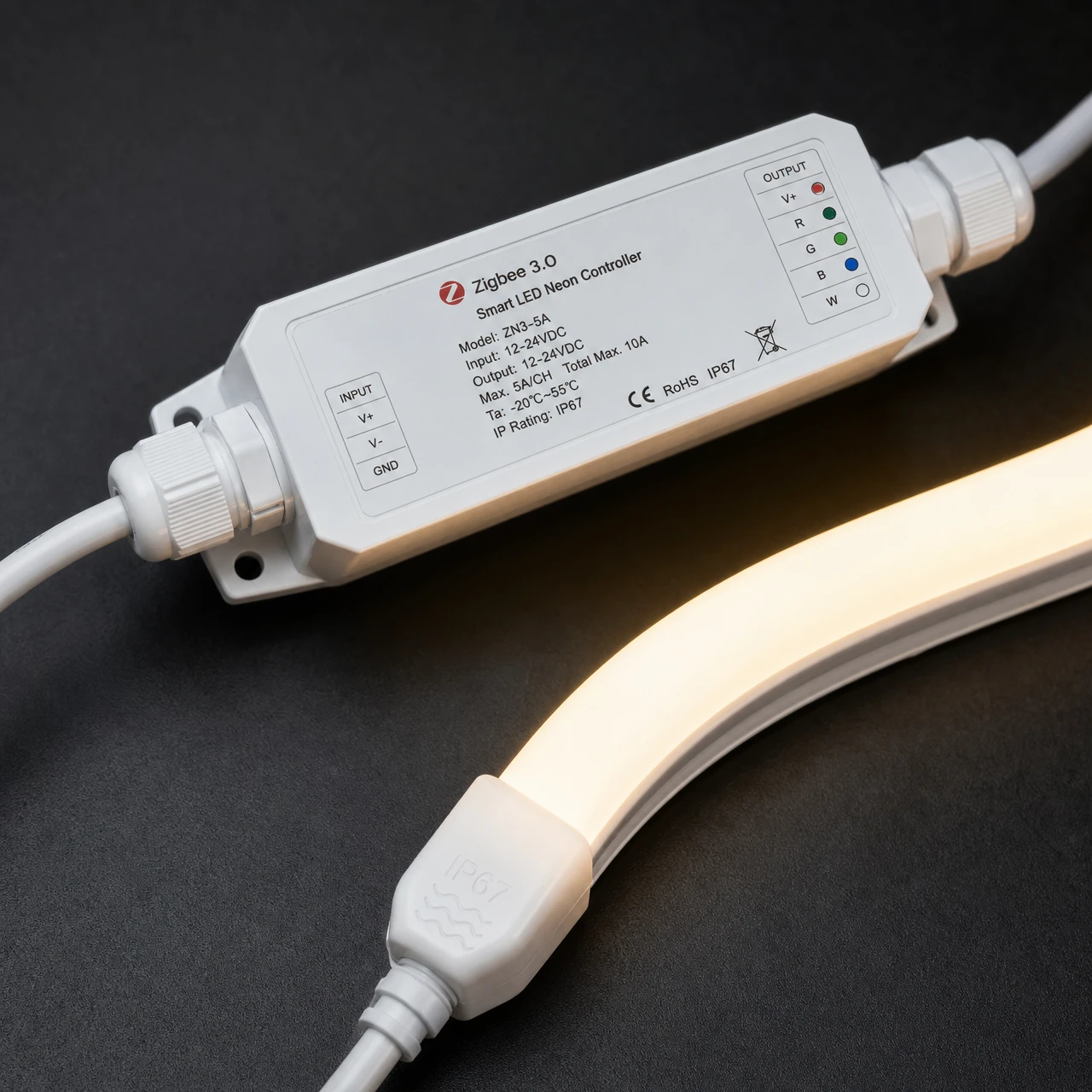 Industrial Zigbee 3.0 smart controller connected to IP67 silicone neon led flex for smart home integration Industrial Zigbee 3.0 smart controller connected to IP67 silicone neon led flex for smart home integration