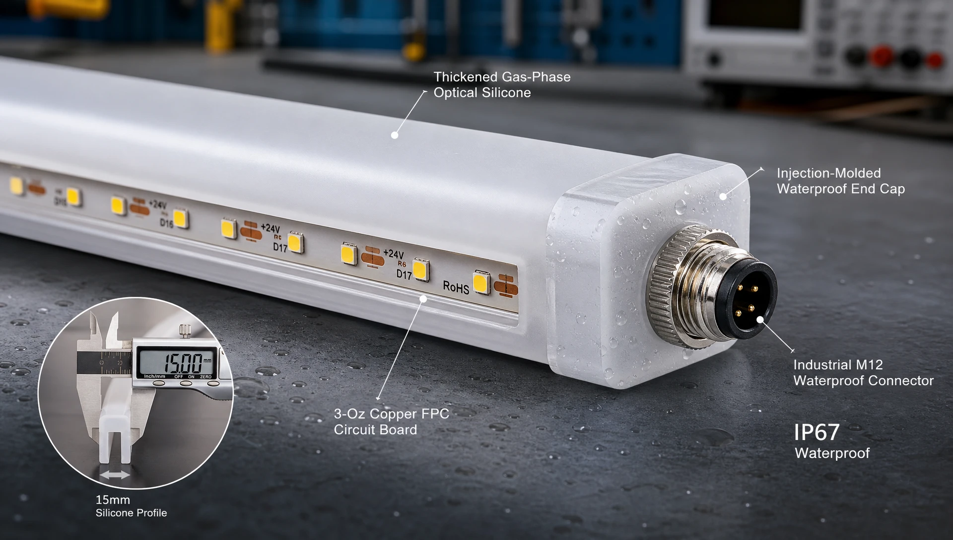 Cross-section detail of ip67 silicone neon strip lights for industrial use with waterproof end cap Cross-section detail of ip67 silicone neon strip lights for industrial use with waterproof end cap